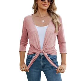 Famulily Sheer Shrug Cardigans for Women, Women's 3/4 Sleeve Tie Front Summer Lightweight Covers Ups, pink, S