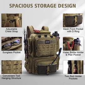 Goture Fishing Backpack with 4 Tackle Boxes,45L 600D Tackle Backpack with Rod Holders,8 Lure Pockets,Rain Cover,Large Fishing Bag Saltwater Gear Storage Bag for Camping Hiking