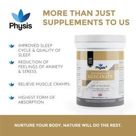 Physis Magnesium Glycinate | 120 Tablets | Vegan Magnesium Supplements for Sleep | 200mg - 400mg Daily | Non GMO, Dairy & Gluten Free | Helps Sleep & Anxiety Assist | High Bioavailability