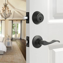 GUA OYH Front Door Lock Set Matte Black Entry Door Handle Sets with Single Cylinder Deadbolt and Wave-Like Lever, Heavy Duty Front Door Handleset Door Handles for Front Door or Office Door