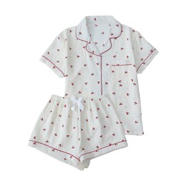 Verdusa Women's 2 Piece Pajama Set Matching Pjs Sets Cute Printed Sleepwear Button Up Shirt with Lounge Shorts Set Apricot Small