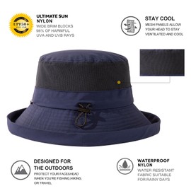 TOP-EX Women's Sun Hat with Ponytail, UPF 50 Wide Brim Fishing Hat for UV Protection, Waterproof Rain Hat, Bucket Hat with Chin Strap, Breathable Summer Mesh, Foldable, Outdoor Safari, navy, L