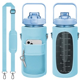 MOYAC Botella Agua con Funda Protectora, Botella de Agua 2 Litros con Pajita, Asa, Correa para el Hombro, Función de Apertura con un Botón, para Fitness, Viajes, Escuela, Oficina (Azul Claro)