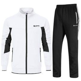 Rdruko Men's Track Suits Sweatsuits 2 Piece Set Jogging Workout Casual Warm Up Outfit Full Zip(White+Black, US L)