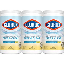 Clorox Free & Clear Compostable Cleaning Wipes, Light Lemon Scent, 75 Count, Pack of 3 (Pack May Vary)