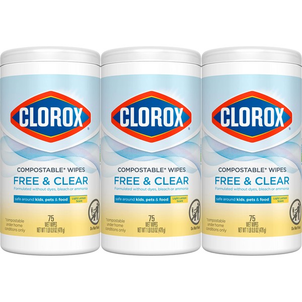 Clorox Free & Clear Compostable Cleaning Wipes, Light Lemon Scent,