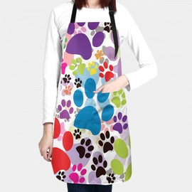Funny Dog Grooming Apron with 2 Pockets Waterproof Coloful Dogs Paw Aprons for Women Men Funny Pet Footprint Kitchen Bibs for Chef Cooking Gardening Grilling BBQ