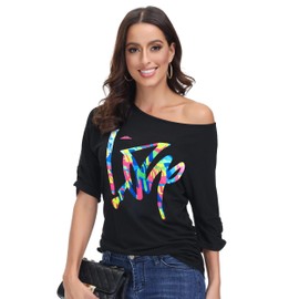ELFIN Damen T-Shirt 80er Jahre Party-Shirts Sexy Lippen Drucken One-Shoulder-Shirt Kurzarm Sommer Oberteil Casual Bluse Tops, Schwarz-Love, S