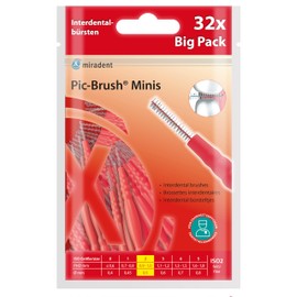 miradent Pic-Brush® Minis Interdental Brushes Red 0.5 mm Pack of 32 for Optimal Thorough Cleaning of Interdental Spaces Ergonomic Handle Ideal for on the Go