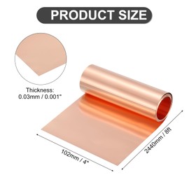 sourcing map Pure Copper Sheet Roll, 0.03mm 32Ga Thick T2 Copper Flashing 2440mm x 102mm/8Ft x 4in Copper Strip Soft Copper Metal Foil Plate for Craft Electrical House Repair