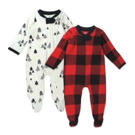 HonestBaby Sleep and Play Footed Holiday Pajamas One-Piece Sleeper Zip-front Organic Cotton PJs Baby Boys, Girls, Unisex, Holiday Tartan, 3-6 Months