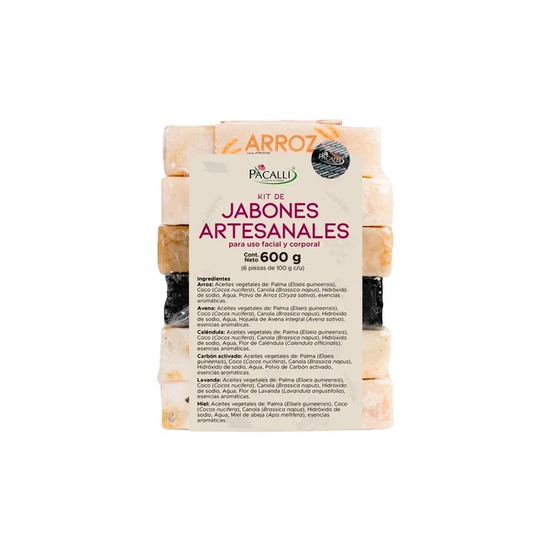 PACALLI Jabones Artesanales 6 Pack; Arroz, Avena, Caléndula, Carbón Activado,