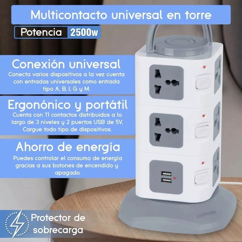 Total Supplier Multicontacto Universal Torre Regleta 11 Puertos 2 Usb