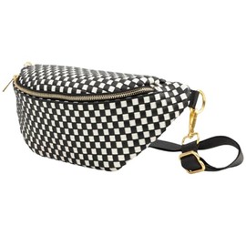 FAWN DESIGN The Fawny Pack Faux Leather Woven Fanny Pack for Women Crossbody Bag, Premium Matte Vegan Leather, 3 Pockets and 6 Interior Card Slots, 2 Adjustable Nylon Strap, Black and White