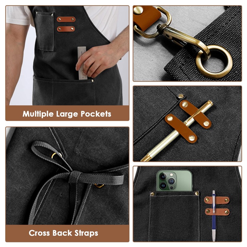BOOWEN Unisex Apron Cotton Canvas Aprons with 3 Pockets Adjustable