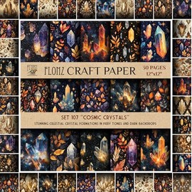 FLONZ - Papel de álbum de recortes (30 páginas, 30 x 30 cm), cristales cósmicos: impresionantes formaciones de cristal celestial en tonos ardientes y fondos oscuros, almohadilla de papel de doble cara