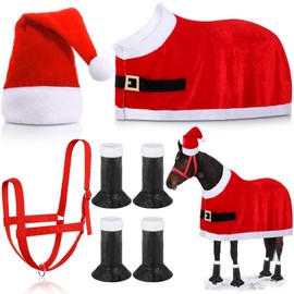 Paterr 7 Pcs Christmas Horse Accessory Xmas Santa Elf Horse Cape Halters Leg Wraps Hat Set Christmas Horse Tack for Xmas Horse Costume Accessories(Red,Santa)