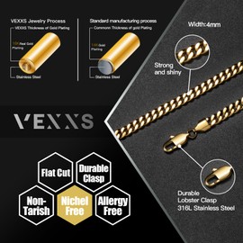 VEXXS Men's Gold Chain Flat Cut,18K Real Gold Plated Cuban Link Chain, Durable No Color Fading Curb Chain 4mm 5mm 6mm Men's Necklace (4mm-18K Gold, Inches, 20.00)