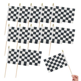 HSQCEZ 12Pcs Small Checkered Black and White Racing Flags on Wooden Stick Mini Race Car Flag Hand Held Flag Decorations,5x8 Inch