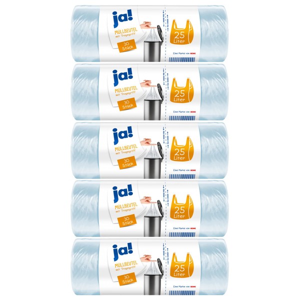 ja! 150 Trash Bags with Carry Handle, 25 Litres, 30