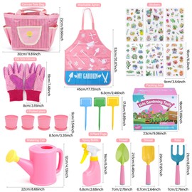 FEMBW Kids Gardening Tools Set with Tote Bag – 13Pcs Garden Toy Kit for Toddlers, Includes Metal Shovel, Rake, Trowel, Watering Can, Gloves, Pots, Apron, DIY Bookmark & 3D Garden Stickers