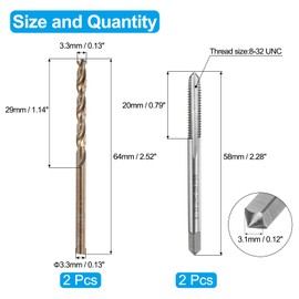 sourcing map Tap and Drill Bit Set, 2pcs 8-32 UNC Straight Flute Thread Screw Taps & 2pcs 3.3mm Twist Drill Bits, Uncoated/Roasted Yellow HSS-6542/M35 HSS-CO Tapping Threading Tool Kit