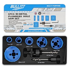 Bullitt 6PCS Bi-Mteal Plumbers Hole Saw Set,3/4" to 2-1/4" 8% Cobalt M42 Hole Saw Kit with 2 Arbors and a Hexagonal Wrench for Wood,Metal,Plastic,Cutting Depth:48mm(1-7/8")