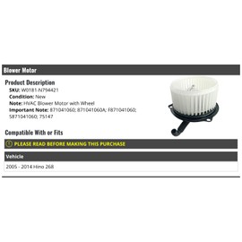 Marketplace Auto Parts AC Heater Blower Motor with Wheel - Compatible with 2005-2014 Hino 268