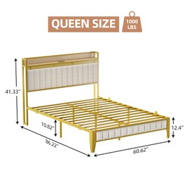 GAOMON Queen Bed Frame with Charging Station, LED Bed Frame with Storage Headboard, Upholstered Platform Bed Frame, No Box Spring Needed, Easy Assembly, White＆Gold