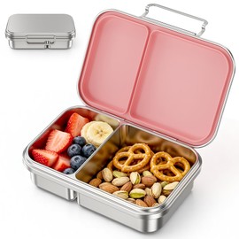 Pawtong Stainless Steel Bento Box for Kids, 2 Compartment Food Grade Metal Lunch Box Container, Leak Proof Silicone Lid, Dishwasher Safe Reusable Snack Box for School Travel Picnic, BPA Free (Pink)