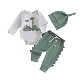 MAHUAOYIXI Newborn Baby Boys Outfits Long Sleeve Dinosaur Print Romper Bodysuits with Elastic Waist Contrast Color Pants Hat 3Pcs Baby Boys Outfits Infant Boys Clothes (Gray, 6-12 Months)