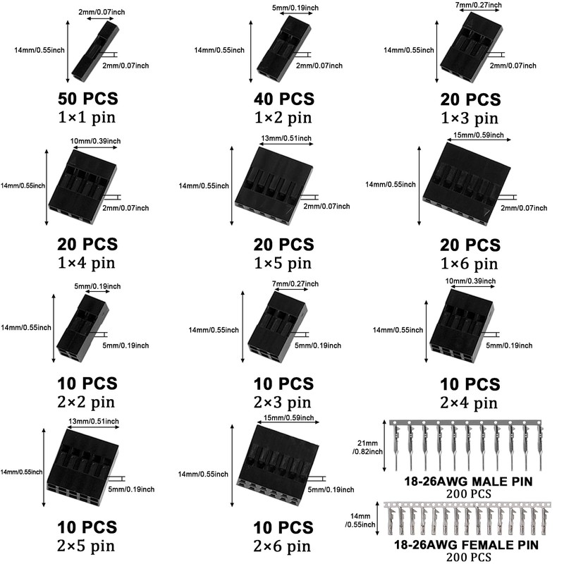 620-Piece 2.54 mm Dupont Connector Set, Pitch 1 2 3