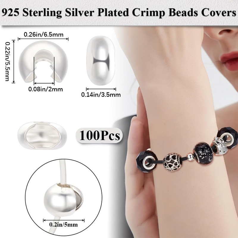 Beebeecraft 1 Box 100Pcs Silver Crimp Beads Covers 925 Sterling