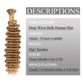 Human Braiding Hair Honey Blonde Deep Wave Bulk Human Hair 18 Inch 50g/1Bundle Curly Human Hair Extensions For Braids No Weft Deep Wave Bulk Human Hair For Braiding 12A Human Hair Braiding Hair