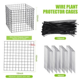 Zubebe 10 Pack Small Wire Plant Protectors Square Plant Protectors from Animals Mesh Cage Chicken Wire Cloche for Shrubs with Ground Stakes and Nylon Ties(Thickness 2mm,Black)