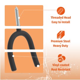 HUHOLE Screw in U Hook, Black Heavy Duty, 6PC, Shovel Holder Wall Mount, U Hooks for Hanging Garden Tools