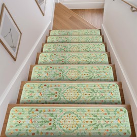 OJIA Insect Print Stair Treads Non Slip Stair Runners for Wooden Steps Indoor, 15PCS 8"x30" Rubber Carpet Treads for Wood Stairs Staircase Step Treads for Kids & Dogs, Stair Covers, Green