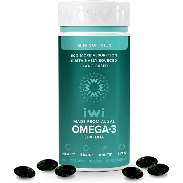 iwi Omega 3 Mini Supports a Healthy Heart, Brain Development, Strong Bones & Joints and Eye Health | Vegan Algae Omega 3, 6, 7, 9 and EPA + DHA | Non-GMO, Gluten Free, Kosher | 30 Day Supply