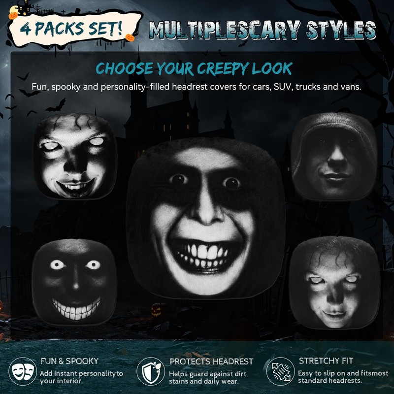 4 PCS Ghost Face Headrest Covers,Scary Headrest Covers for Cars