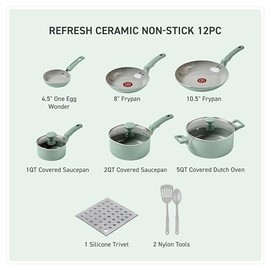 T-fal T-fal Refresh Ceramic, Ceramic Non Stick Cookware Set 12 Piece, Oven Broiler Safe 350F, Cookware, Kitchen Cooking Set w/Fry Pans, Saucepans & Kitchen Utensils, Pots and Pans Set Non Stick, Mint Green