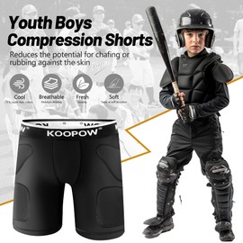 KOOPOW Youth Sliding Shorts Boys Padded Slider Shorts Sliding Pads with Cup Pocket for Baseball, Football, Hockey, Lacrosse Black