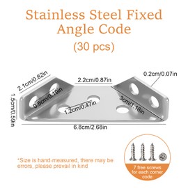 Zliger Pack of 30 Corner Connectors Stainless Steel Triangle Support Angle Connector Furniture Construction Angle Metal Corner Angle Triangle Bed Angle Corner Connector with Screw for Wood Furniture