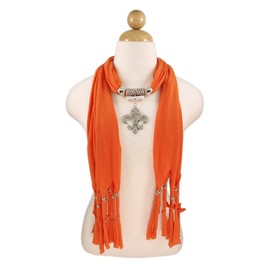 Elegant Charm Pendant Jewelry Necklace Scarf w/Fleur de lis Medallion, Orange