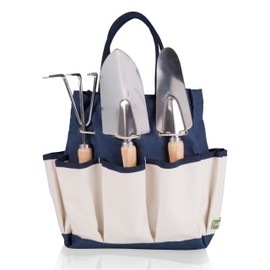 PICNIC TIME Garden Tote with Tool Set, Gardening Tools Organizer Bag, Gardening Essentials and Gifts for Women and Men, Plant Lover Gifts for Gardeners, (Navy Blue with Beige Accents)