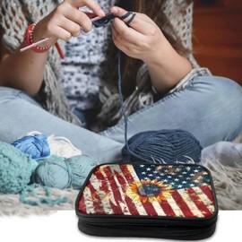 Noprintge American Flag Sunflowers Print Crochet Hook Case Empty, Stars Print Portable Knitting Needles Holder Case for Various Crochet Needles and Knitting Accessories