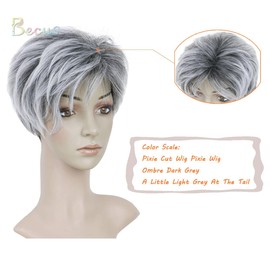 Becus Pixie Cut Wig, Short Grey Wig, Full Natural Layer, Straight Fluffy Synthetic Pixie Wigs, Dark Grey Roots, Grey Wigs for Women (Ombre Sliver Grey)