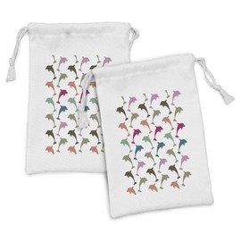 Ambesonne Sea Animals Fabric Pouch Set of 2, Colorful Dolphin on White Background Ocean Marine Animal Illustration, Small Drawstring Bag for Toiletries Masks and Favors, 9" x 6", Multicolor