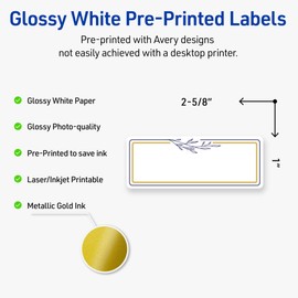 Avery Printable Rectangle Labels, Sure Feed Technology, Gold & Navy Border, Florals Design, 1" x 2-5/8", Glossy White, Permanent Adhesive, Laser/Inkjet, 160 Total, Great for Addressing