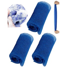 3 Pieces African Bath Sponges, Foldable African Exfoliating Nets, Nylon Net Towels, Body Sponge Back Scrubber Skin Smoother, Body Bathing Cleaning Tools Great For Women Men Daily Use (Blue)