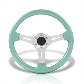 AJP Distributors Car Steering Wheel,Universal Steering Wheels,350mm 14" 6 Bolts Holes Heavy Duty Steering Wheel w/Horn Button, JDM VIP 3 Spoke Steel Chrome Polished Center w/Mint Green Trim